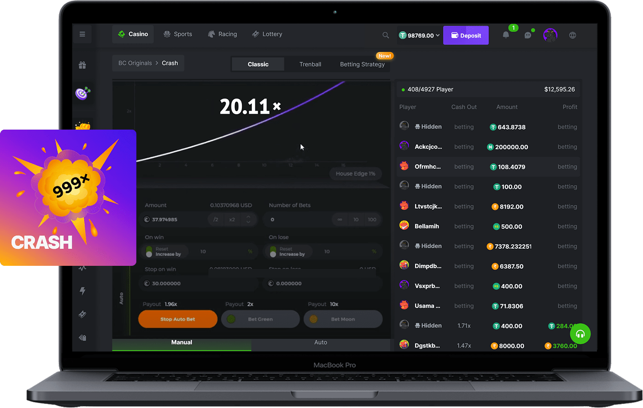 BC Game Crash — interface do jogo com multiplicador